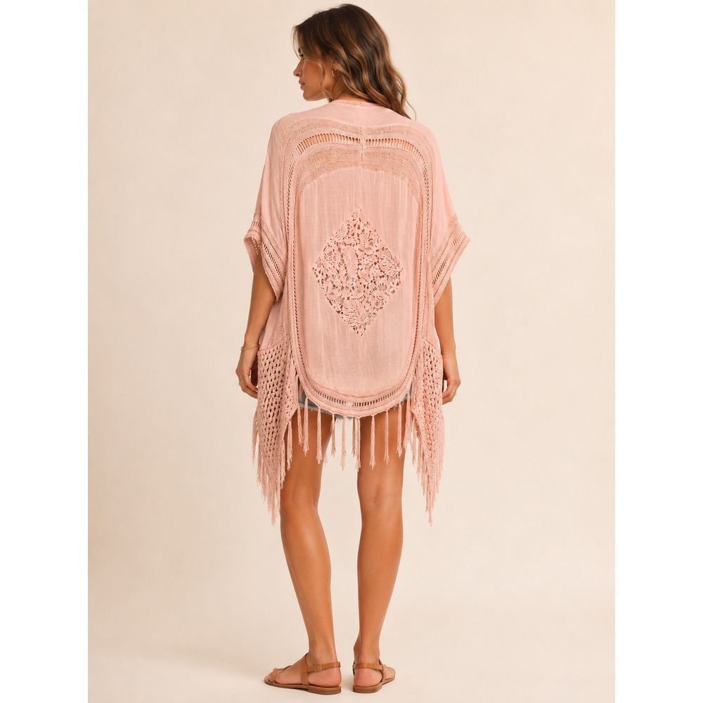 Forgotten Grace Cotton Crochet Fringe Kimono Boho Blush Pink S/M